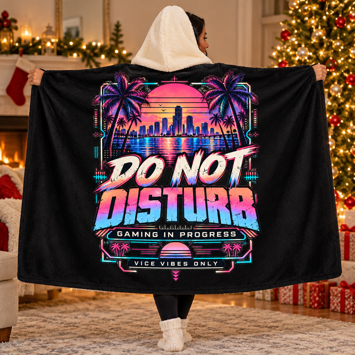 Do Not Disturb Gaming Hooded Sherpa Blanket – Neon Sunset Design
