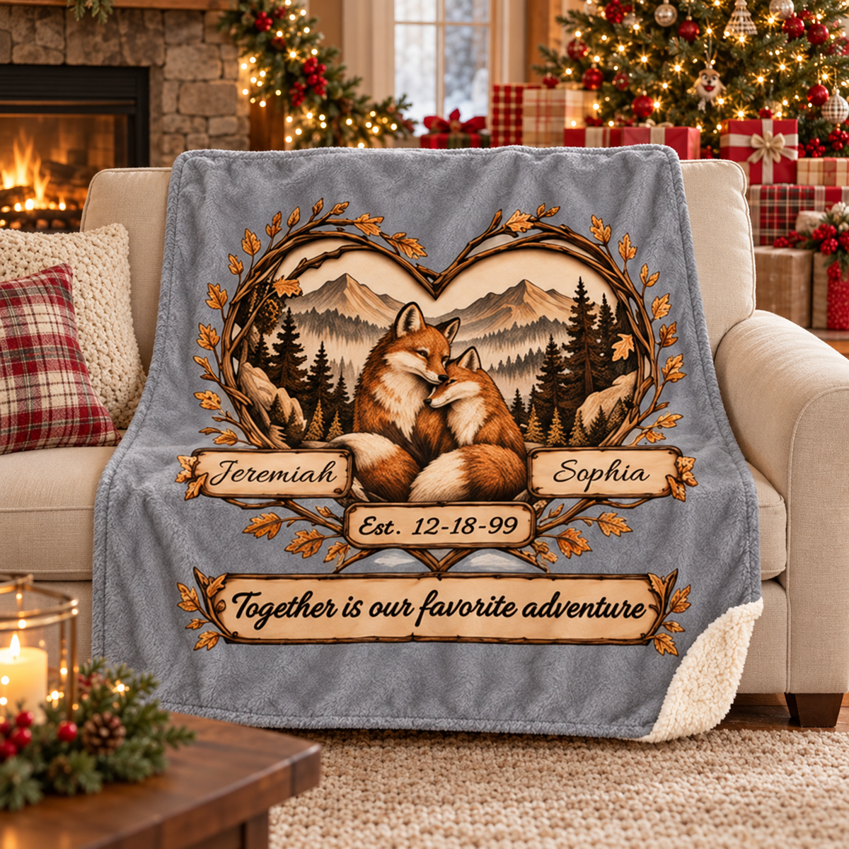 Personalized Woodland Animals Couple Sherpa Blanket 50 X 60 – Custom Names & Anniversary Date