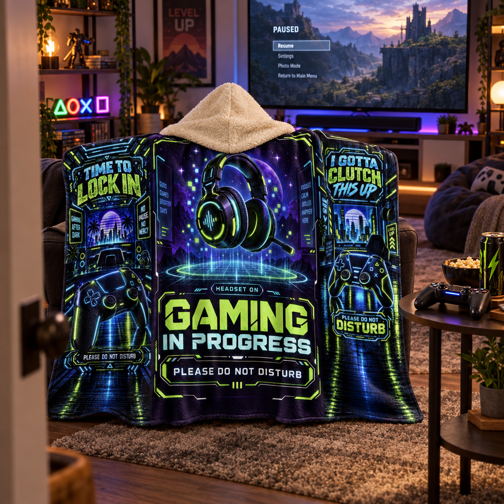 Gaming Hooded Sherpa Blanket, Wearable Plush Blanket for Gamers
