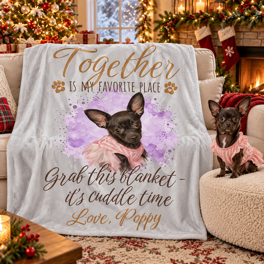 "Together is my favorite place" Oil Painted Pet Photo with Watercolor Splash Fleece Blanket, Custom Dog or Cat Gift