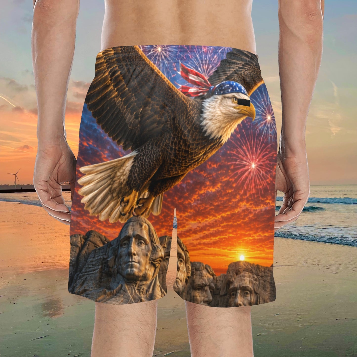 Born Free Patriotic Board Shorts – American Eagle & Mount Rushmore Men's Mid-Length Swim Trunks | USA Freedom Beach Shorts