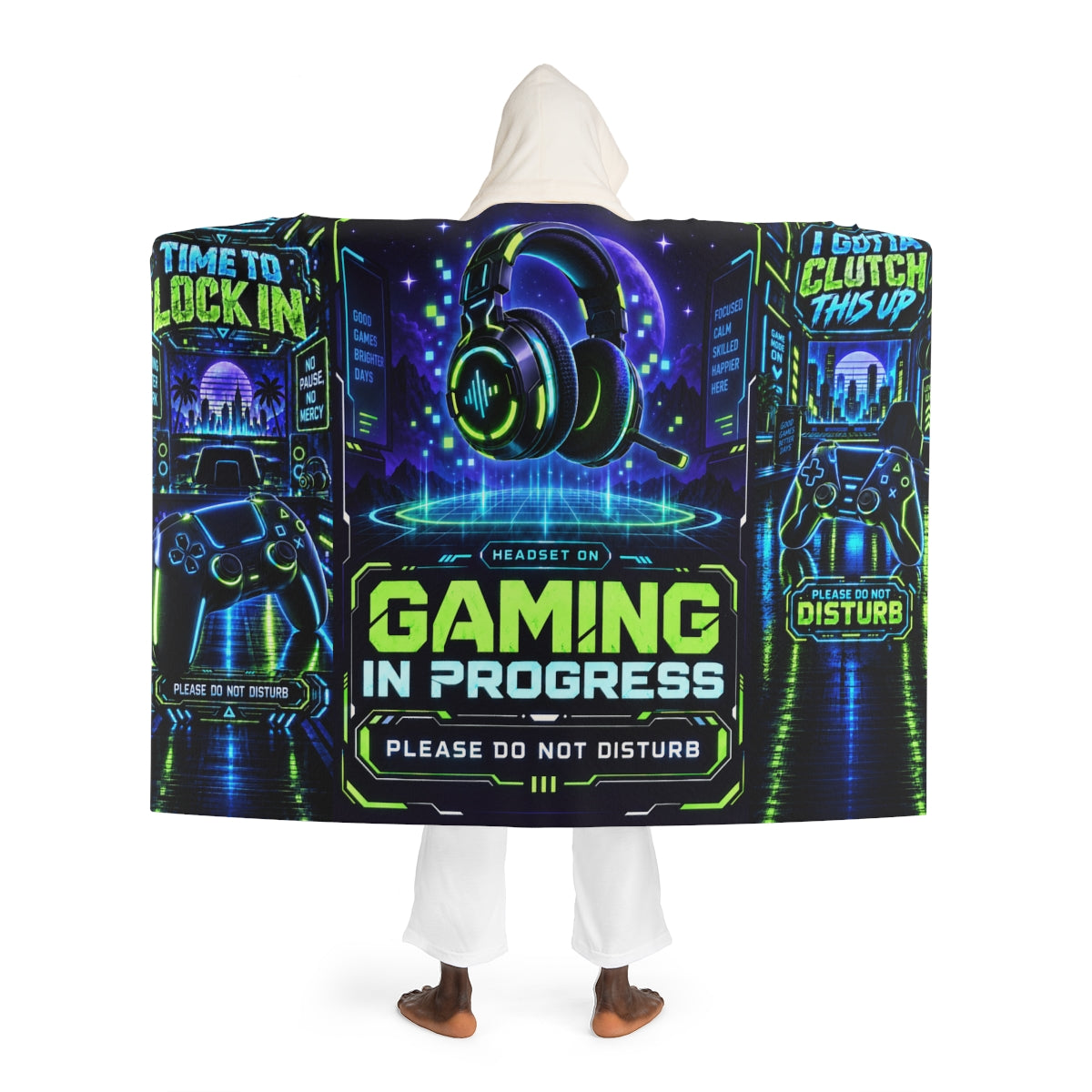 Gaming Hooded Sherpa Blanket, Wearable Plush Blanket for Gamers