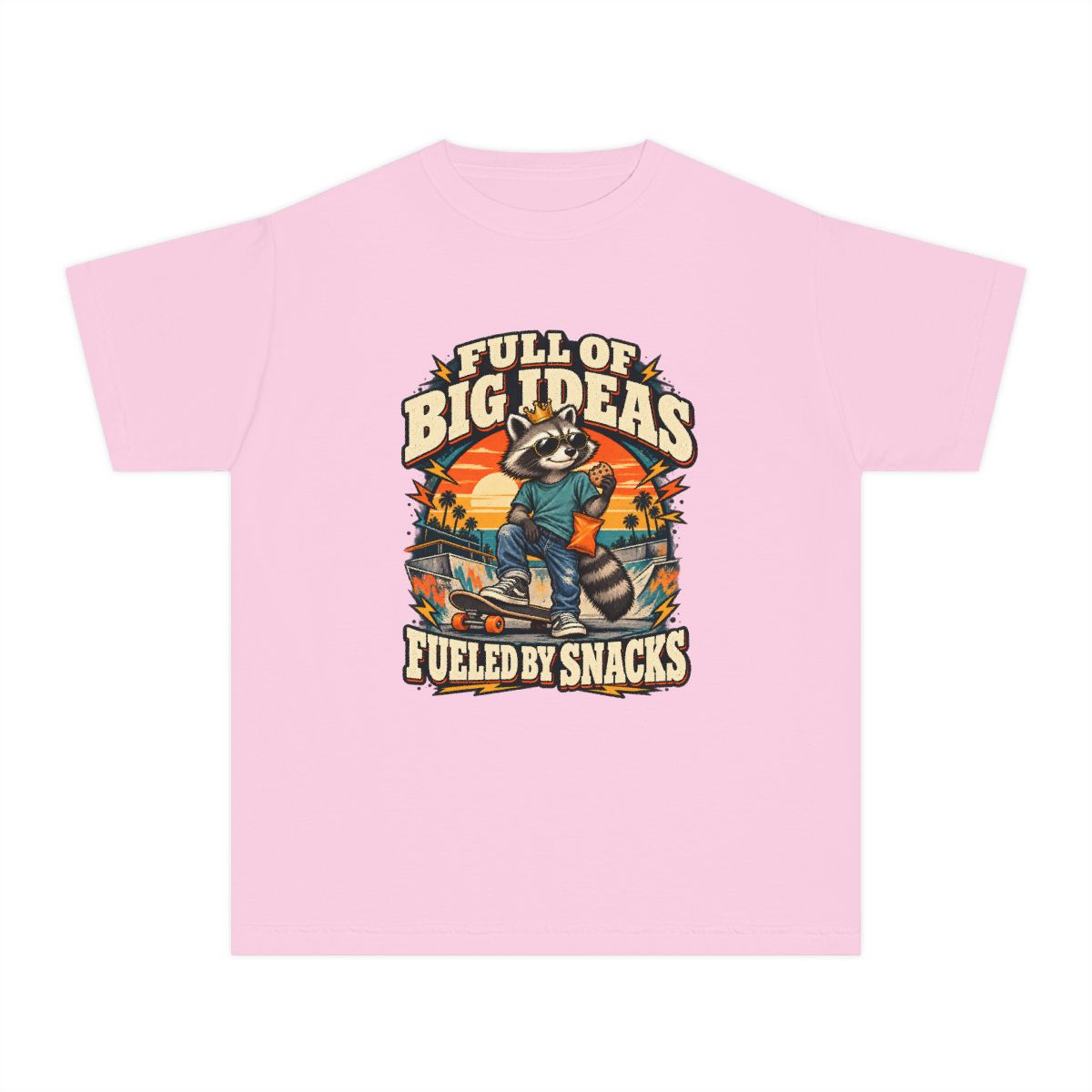 Full of Big Ideas, Fueled by Snacks Youth T-Shirt | Funny Raccoon™  Skateboard Graphic | XS–XL