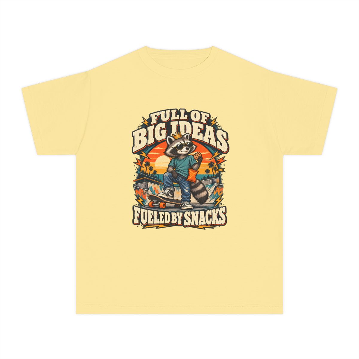 Full of Big Ideas, Fueled by Snacks Youth T-Shirt | Funny Raccoon™  Skateboard Graphic | XS–XL