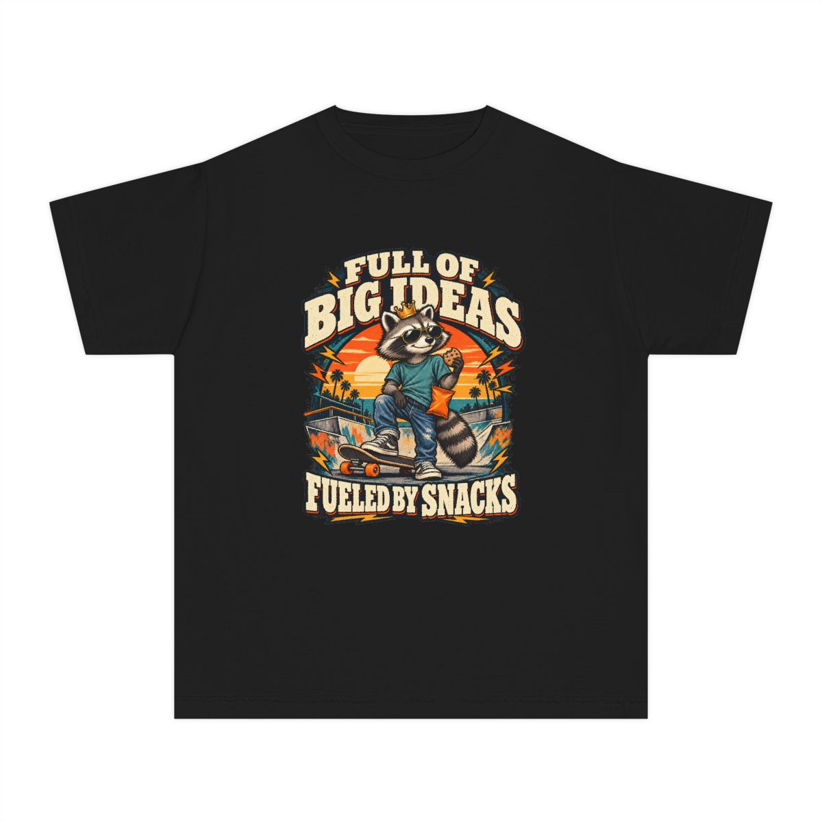 Full of Big Ideas, Fueled by Snacks Youth T-Shirt | Funny Raccoon™  Skateboard Graphic | XS–XL