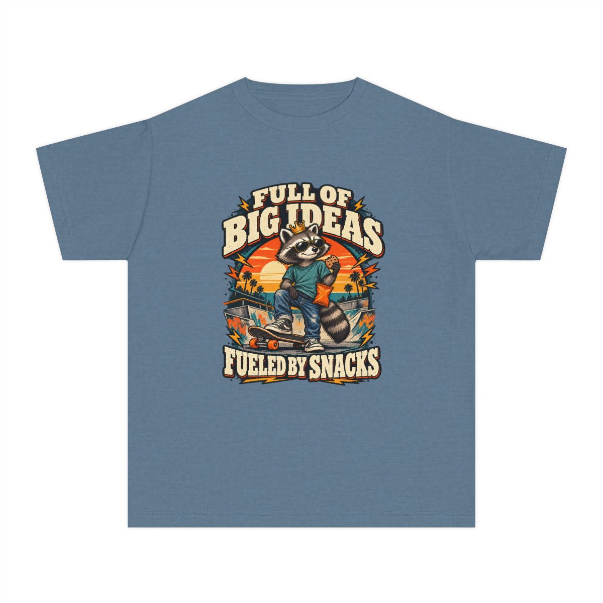 Full of Big Ideas, Fueled by Snacks Youth T-Shirt | Funny Raccoon™  Skateboard Graphic | XS–XL