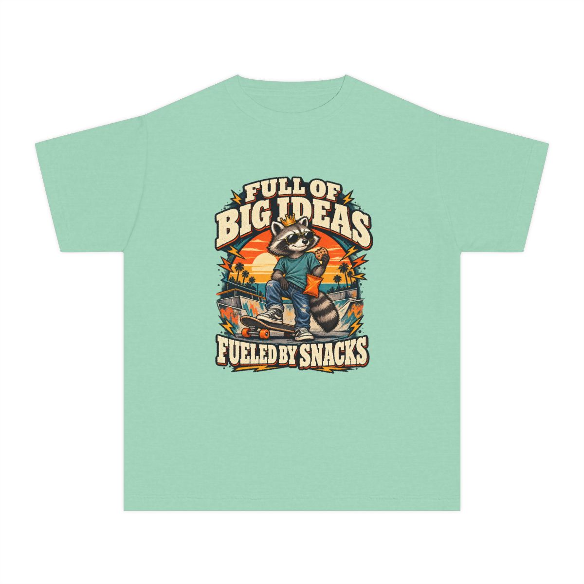 Full of Big Ideas, Fueled by Snacks Youth T-Shirt | Funny Raccoon™  Skateboard Graphic | XS–XL