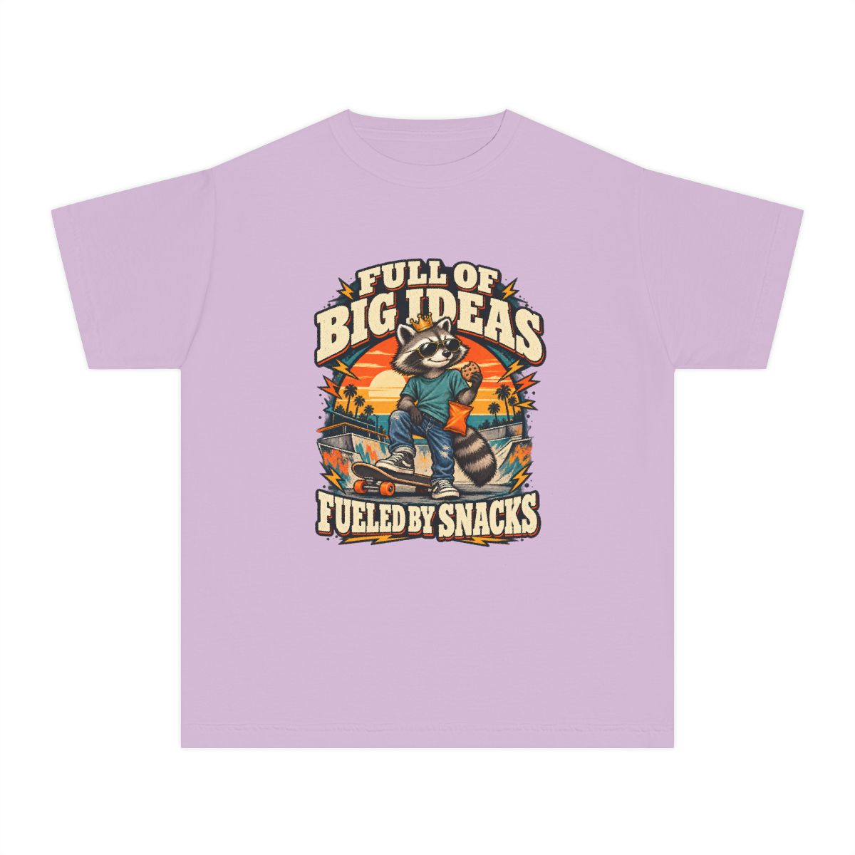 Full of Big Ideas, Fueled by Snacks Youth T-Shirt | Funny Raccoon™  Skateboard Graphic | XS–XL