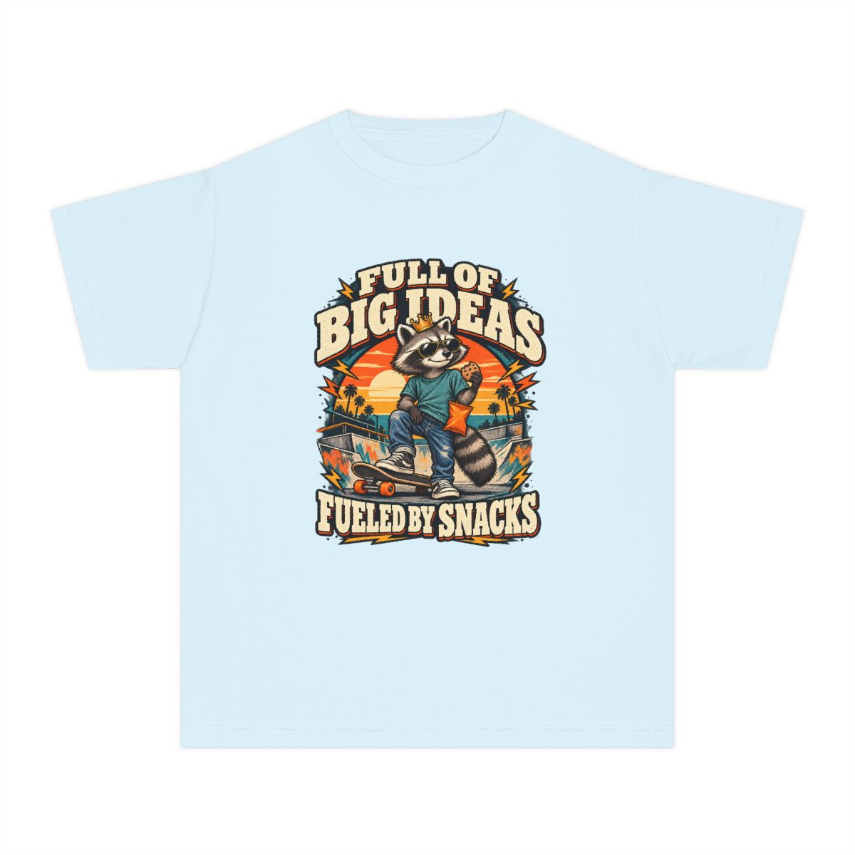 Full of Big Ideas, Fueled by Snacks Youth T-Shirt | Funny Raccoon™  Skateboard Graphic | XS–XL